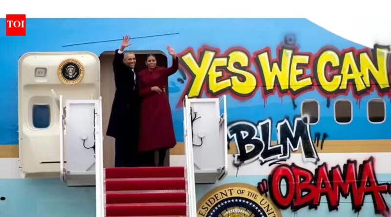 A doctored pic of﻿ Obamas & Air Force One with graffiti