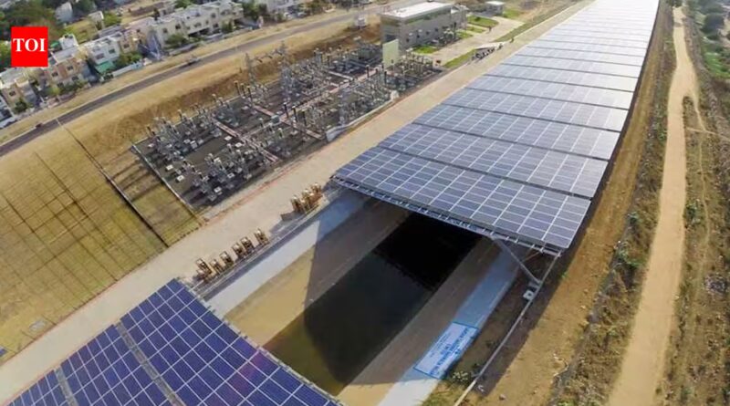 A half-mile solar strip floats above an irrigation canal in Gujarat, generating 1.6 million kilowatt-hours of power while saving 2.38 million gallons of water from evaporation